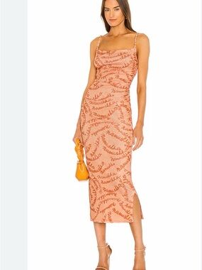 Nanushka Peach Script-Print Spaghetti Strap Midi Dress